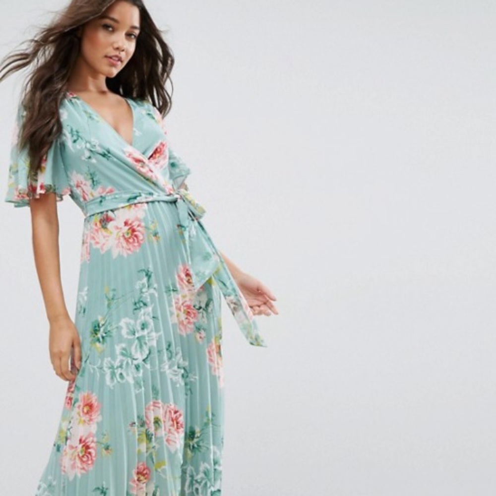 ASOS Tall Pleated Floral Green Maxi Dress